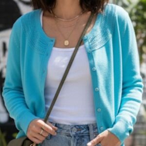 Talbots Cardigan Sweater Womens L Blue Button Up Crocheted Neckline